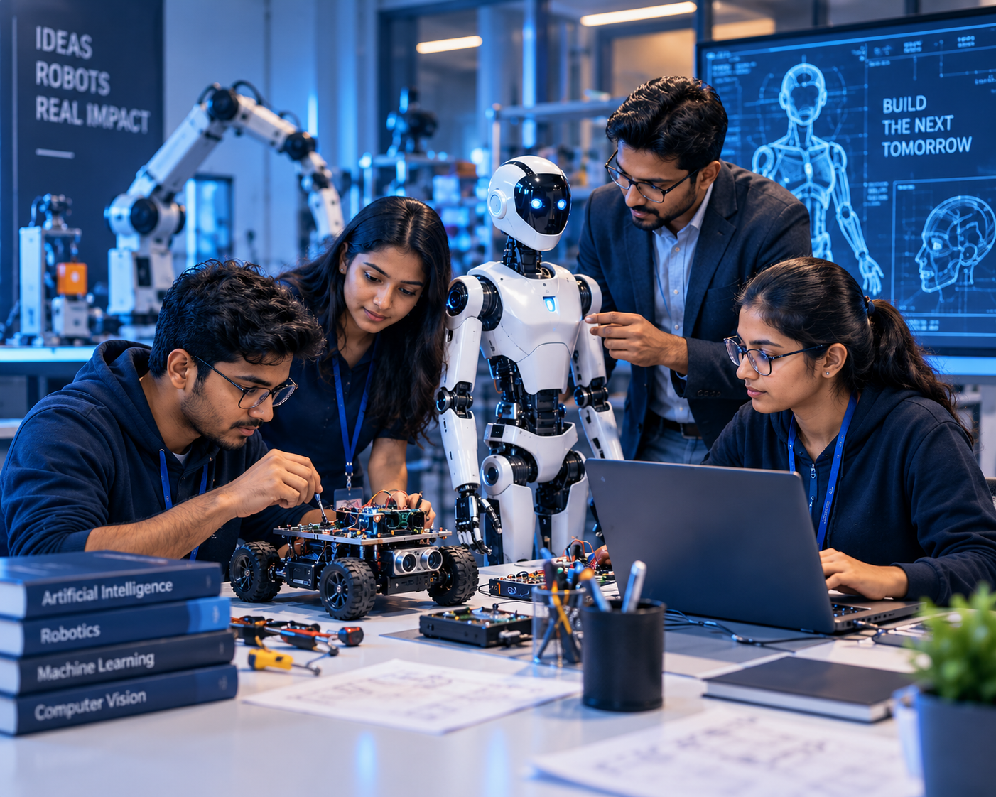 Students presenting AI robots in Delhi, India