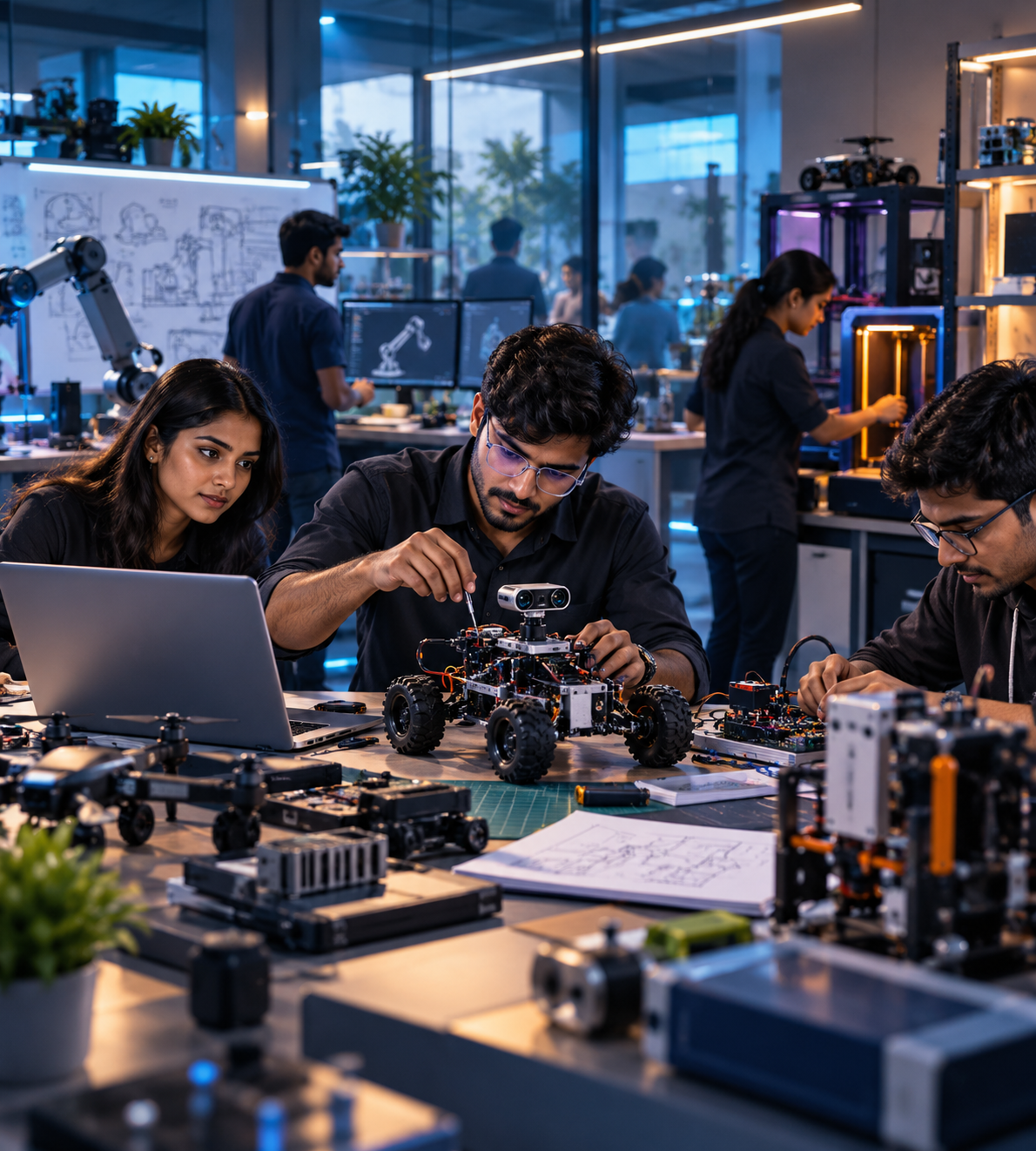 Students building robots at a robotics workshop in Kolkata, India